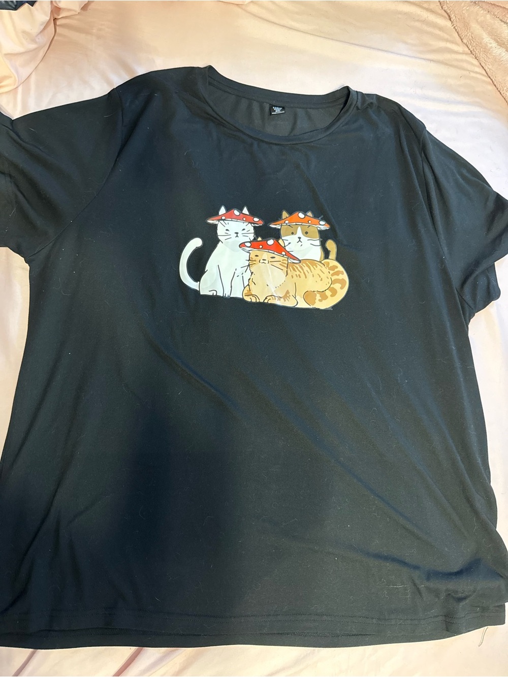 SHEIN Black Tee with Three Cute Cats in Red Hats
